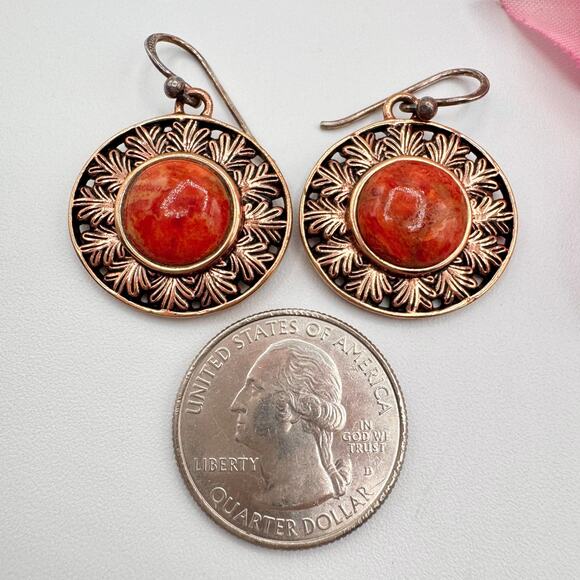 Barse THAI CU Sponge Coral Copper Earrings Leaf Motif Shield Dome Boho Bohemian - Picture 4 of 10